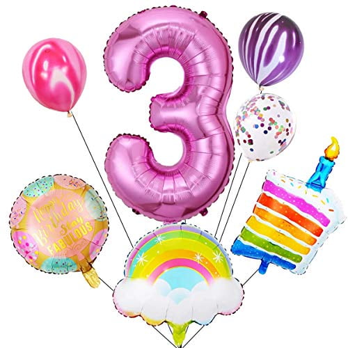 Rose gold balloons Silver Banner HAPPY 3rd Birthday Party Custom YOUNG & THREE 